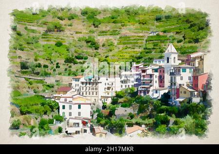 Disegno acquerello di edifici tipici italiani case e verdi terrazze vignate nella valle del villaggio di Manarola Parco Nazionale delle cinque Terre in soleggiato d Foto Stock