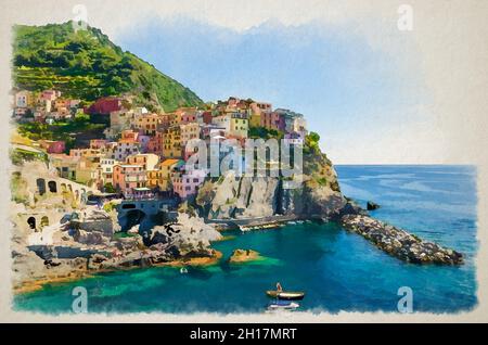 Disegno acquerello di Manarola tipico villaggio italiano tradizionale nel Parco Nazionale delle cinque Terre, case colorate multicolore su roccia scogliera Foto Stock