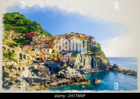 Disegno acquerello di Manarola tradizionale villaggio italiano nel Parco Nazionale delle cinque Terre con case colorate e multicolore su roccia c Foto Stock
