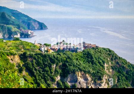 Disegno acquerello di Corniglia tipico borgo italiano tradizionale con edifici colorati su scogliera di roccia e Manarola, Golfo di Genova, Mar Ligure, blu Foto Stock