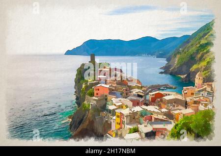 Disegno acquerello con vista dall'alto del tipico borgo di Vernazza con edifici colorati, Castello Doria sulla scogliera rocciosa e Golfo di Genova, Liguria Foto Stock