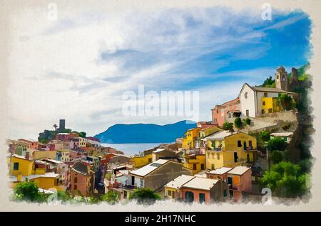 Disegno acquerello del villaggio di Vernazza con case tipiche colorate multicolore, Castello Doria sulla roccia e Golfo di Genova, Mar Ligure Foto Stock