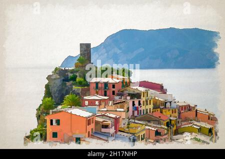 Disegno acquerello di Vernazza tipico villaggio italiano nel Parco Nazionale delle cinque Terre con colorati edifici multicolore e Castello Dor Foto Stock