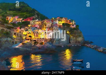 Disegno acquerello di Manarola tipico villaggio italiano tradizionale nel Parco Nazionale delle cinque Terre con case colorate multicolore sulla roccia A. Foto Stock