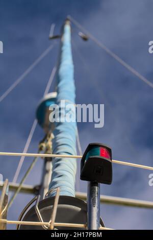 Luce di navigazione Porto e Starboard sulla parte anteriore di Uno Yacht a vela con Furling Jib, Regno Unito Foto Stock