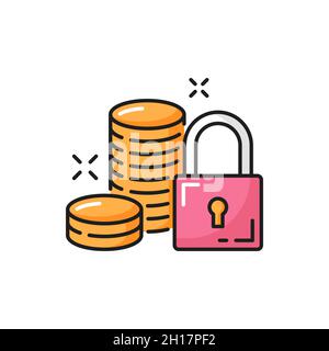 Icona e lucchetto della finanza, sicurezza dei soldi, icona della linea di colore delle monete d'oro. Monete vettoriali in denaro contante, protezione del reddito. Finanzia la sicurezza, deposito sa Illustrazione Vettoriale