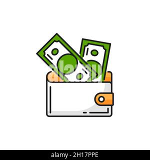 Borsetta in pelle con banconote in carta, icona a linea piatta isolata. Deposito vettore o profitto finanziario, acquisto e segno di shopping. Borsetta in pelle con Illustrazione Vettoriale