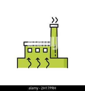 Nucleare, centrale elettrica isolato fabbrica colore sottile icona linea. Impianto verde vettoriale per la generazione di energia, torre industriale con radiazioni, ecolog Illustrazione Vettoriale