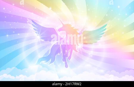 Silhouette di unicorno con ali sullo sfondo di un cielo arcobaleno con stelle e raggi di luce. Illustrazione vettoriale per bambini. Illustrazione Vettoriale
