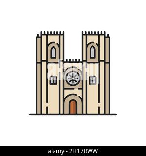 Portogallo religione cattolica cattedrale isolato colore chiesa flat line icona. Disegno esterno vettoriale della chiesa medievale con ingresso e finestre, due a. Illustrazione Vettoriale