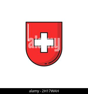 Scudo con bandiera o croce svizzera, emblema sanitario isolato. Croce di medicina di assistenza sanitaria vettoriale, badge di aiuto medico e assistenza, bandiera ufficiale. Svizzera Illustrazione Vettoriale