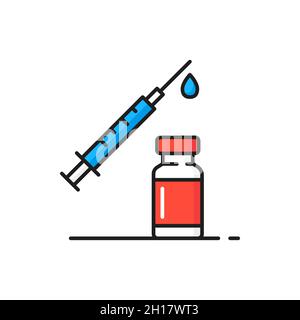 Flacone di vaccinazione per coronavirus e iniezione con icona a linea colorata isolata. Iniezione vettoriale con ago e goccia, prevenzione corona malattie influenzali tr Illustrazione Vettoriale