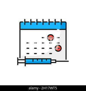 Calendario vaccinazione coronavirus, icona della linea colorata isolata da siringa. Vettore due date contrassegnate, tempo di vaccinazione. Protezione sanitaria, medico Illustrazione Vettoriale