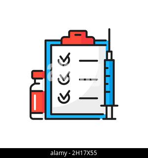 Programma di vaccinazione del coronavirus, segni di calendario, siringa e icona della linea di colore del vaccino. Bottiglia di farmaci vettoriali, protezione della salute. Tempo di vaccinazione, Illustrazione Vettoriale