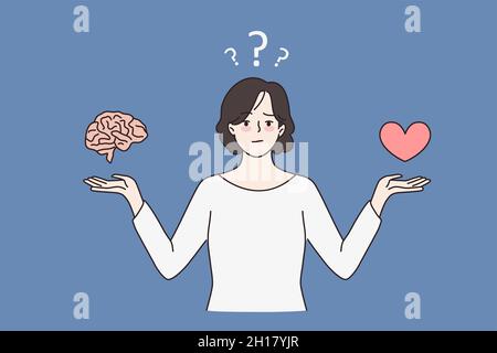Una donna incerto e dubbia sceglie tra cervello e cuore. Ragazza indecisa fare la scelta tra amore e ragione. Armonia ed equilibrio. Intelligenza emotiva. Pensiero ed emozioni. Illustrazione vettoriale. Illustrazione Vettoriale
