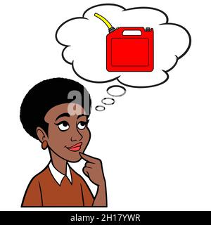 Donna pensando a benzina - Un'illustrazione cartoon di una donna che pensa al costo della benzina. Illustrazione Vettoriale
