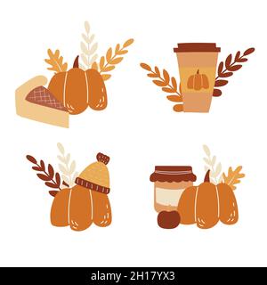 Set vettoriale di carte con immagini disegnate a mano di cibo di zucca e caffè. Per caffetterie, striscioni, cartoline Illustrazione Vettoriale