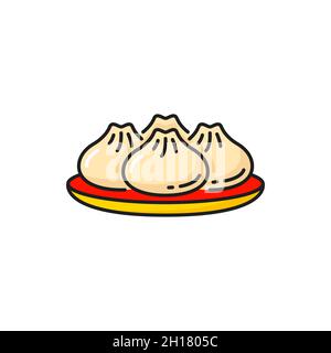 Baozi ripiene al vapore tradizionale cibo cinese su piatto isolato. Panetteria vettoriale asiatica con farciture, focaccine al vapore. Pranzo o cena giapponese bau. Bao y Illustrazione Vettoriale