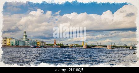 Disegno acquerello di Panorama della città di San Pietroburgo con Ponte del Palazzo di bascule attraverso il fiume Neva, Kunstkamera edificio, colonne rostrali su Strelka Foto Stock