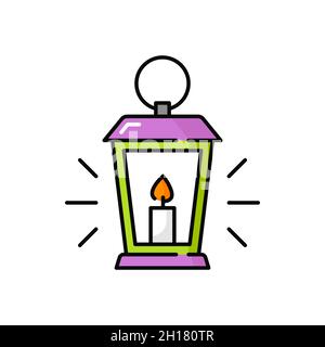 Vecchia lanterna Halloween retro olio lampada isolato colore linea icona. Lanterna spettrale in vetro vettoriale con manico in metallo. Lampada vintage con candela a combustione, retrò Illustrazione Vettoriale