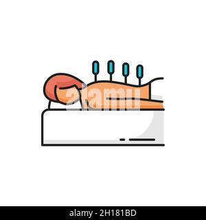 Aghi nella parte posteriore, agopuntura medicina integrativa isolato linea di colore icona. Bellezza vettoriale e spa, trattamento medico e fisico, salute mentale emotiva Illustrazione Vettoriale