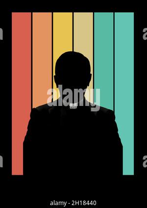 Un prete cattolico romano dal profilo sinuato è visto di fronte a uno sfondo di strisce colorate. Il colletto del sacerdote non è silhouetted. Foto Stock