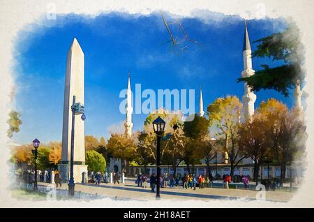 Disegno acquerello di Istanbul: Moschea del Sultano Ahmed Moschea Blu con minareti, Obelisco di Teodosio Dikilitas e turisti che camminano lungo la strada pedonale Foto Stock
