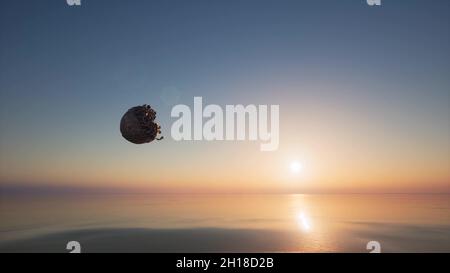 Luna un altro pianeta su acqua oceano superficie esplorazione spazio alieno 3d rendering Foto Stock