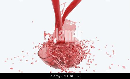 Miscelazione di sangue rosso su bianco sano getto liquido flusso 3d rendering Foto Stock