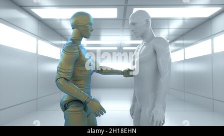 Rendering 3D. Figure umanoidi e scena sicifi Foto Stock