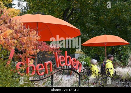 17 ottobre 2021, Baden-Wuerttemberg, Überlingen am Bodensee: Due visitatori camminano attraverso i giardini della villa del Giardino di Stato Show. L'anno prossimo, nel 2022, Neuenburg am Rhein ospiterà lo state Garden Show. Foto: Felix Kästle/dpa Foto Stock