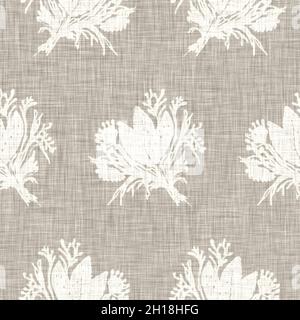 Tessuto di lino con motivo floreale grigio disegnato a mano. Capricci da giardino senza cuciture. Moderna primavera doodle floreale natura tessuto per arredamento casa. Botanico Foto Stock