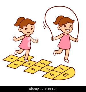 Carino cartoon bambina che gioca hopscotch e saltare corda. Semplice e felice bambino doodle. Illustrazione grafica della clip vettoriale. Illustrazione Vettoriale