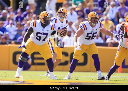 LSU Tigers quarterback Max Johnson (14) scansiona il campo dietro LSU Tigers guardia Chasen Hines (57) e lineman offensivo Kimo Makane'ole (55) contro t Foto Stock