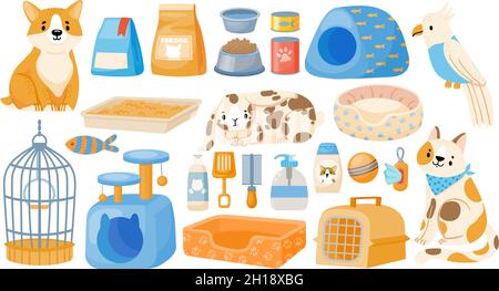 Attrezzi e accessori per la cura di animali domestici, cani, gatti e pappagalli. Cartoon PET Store oggetti, cibo, carrier, ciotola, giocattolo e letti vettore set Illustrazione Vettoriale