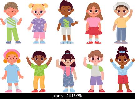 Felici personaggi diversi bambini che agitano le mani e il saluto. Cartone animato bambini ragazzi e ragazze con gesti di ciao o ciao. Set di vettori per studenti piatti Illustrazione Vettoriale