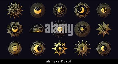 Luna, sole e stelle, elementi celesti della linea boho. Eleganti simboli mistici d'oro astrologia. Tatuaggio yoga minimalista e set vettoriale con logo Illustrazione Vettoriale
