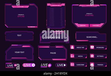 Frame overlay dell'interfaccia Live Stream per la trasmissione dei gamer. Schermo, pannelli, pulsanti e icone Cyber hud per il set vettoriale di streaming di giochi Illustrazione Vettoriale