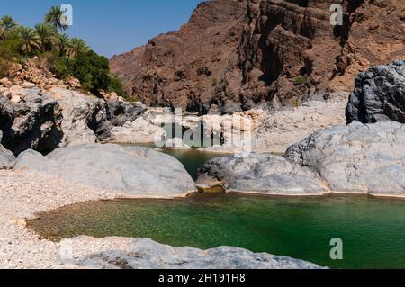 Una piscina naturale a Wadi al Arbeieen, ai piedi delle montagne del deserto. Wadi al Arbeieen, Oman. Foto Stock