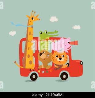 Simpatico autobus londinese con animali in colori pastello. Cucciolo di leone, maiali, coccodrillo, giraffa, orso. Illustrazione vettoriale del neonato. Illustrazione con carino Illustrazione Vettoriale