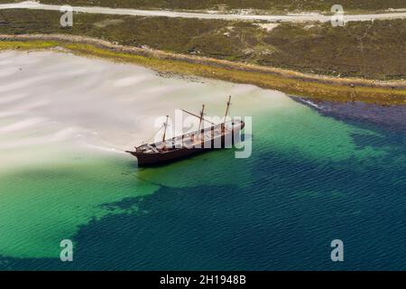 Veduta aerea del relitto della nave britannica Lady Elizabeth. Stanley, Isole Falkland Foto Stock