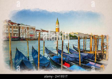 Disegno acquerello di gondole ormeggiate nell'acqua del Canal Grande a Venezia. Edifici colorati in stile barocco lungo il Canal Grande e il campanile C. Foto Stock