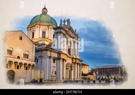 Disegno acquerello di Palazzo del Broletto, Cattedrale di Santa Maria Assunta, Duomo nuovo o Chiesa Cattolica Romana della Nuova Cattedrale in Piazza Paol Foto Stock