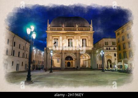 Disegno acquerello di Palazzo della Loggia Palazzo Comunale Palazzo in stile rinascimentale e luci di strada in Piazza della Loggia, Brescia città h Foto Stock