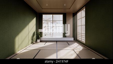 Cabinet design display in legno su Green room japanese minimal living roon anteriore, 3D rendering Foto Stock