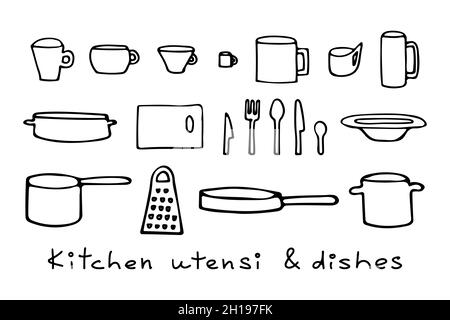 Illustrazione vettoriale di piatti e tazze, coltelli e cucchiai, forchette e tagliere, pentole e padelle, grattugia. Illustrazione Vettoriale