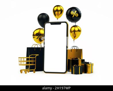 Shopping online cellulare mockup schermo vuoto per lo sfondo volantino con roba d'oro in rendering 3D realistico. Offerta speciale banner e Black Frid Foto Stock