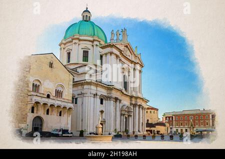 Disegno acquerello di Palazzo del Broletto, Cattedrale di Santa Maria Assunta, Duomo nuovo o Chiesa Cattolica Romana della Nuova Cattedrale su Piazza Paolo VI Foto Stock