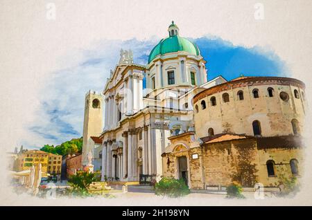 Disegno acquerello della Cattedrale di Santa Maria Assunta, del Duomo nuovo e del Duomo Vecchio la rotonda, della Chiesa Cattolica Romana del Duomo nuovo e Vecchio, Paolo VI S. Foto Stock