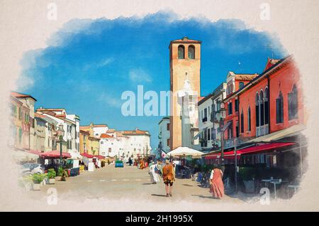 Acquerello disegno di Chioggia: Persone attori prendere parte al film di ripresa, scena di massa film making in strada del centro storico della città con vecchio colorfu Foto Stock